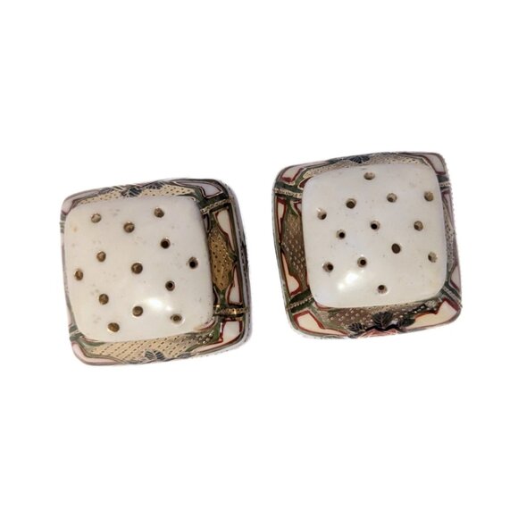 Vintage Hand Painted Salt & Pepper Shakers Gold Floral Square White Ceramic - Picture 3 of 9